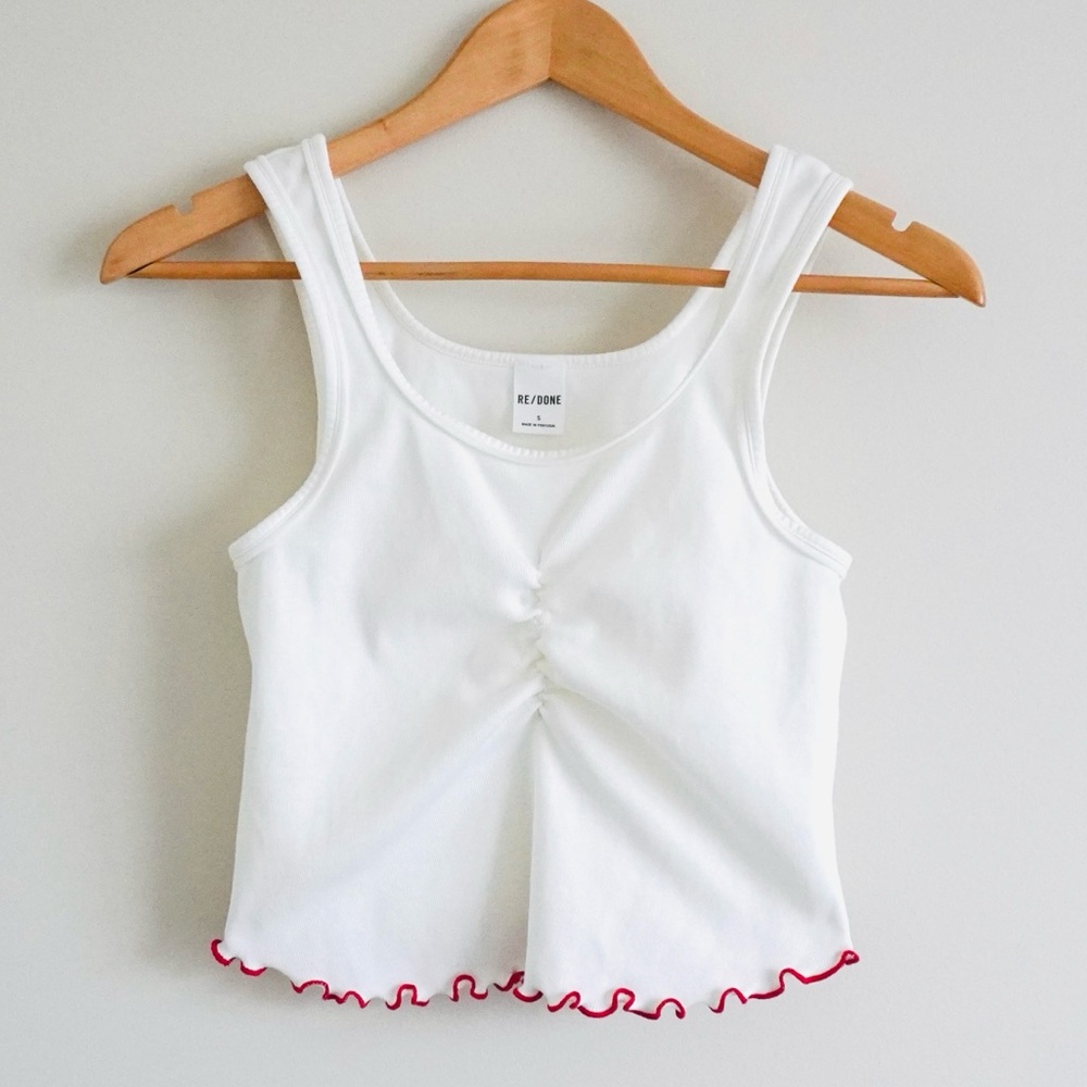 Re/Done White Red Lettuce Edge Tank Top Small